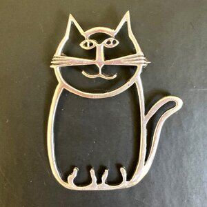 Large vintage sterling wire work cat brooch - signed!